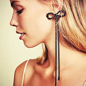 Elegant black crystal bow long fringe earrings for women fashion statement jewelry daily wear