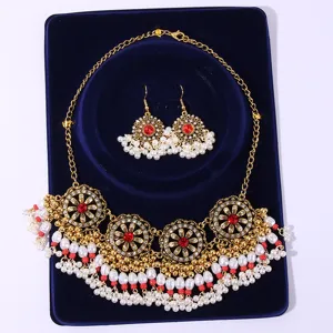 Vintage Bohemian Pearl Necklace Earrings Set Gold Red Rhinestone Palace Jewelry Detail