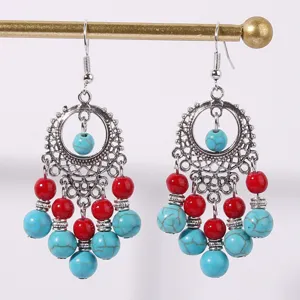 Vintage Ethnic Turquoise Tassel Earrings Long Bohemian Tibetan Silver Dangle Jewelry