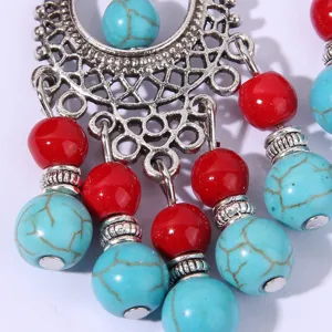 Bohemian turquoise silver dangle earrings ethnic retro filigree red bead long drop jewelry