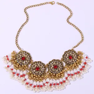 Bohemian gold layered pearl red crystal statement necklace for women fashion jewelry