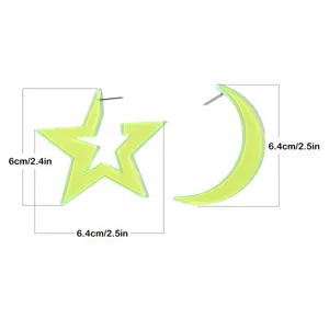 Neon yellow acrylic star moon earrings detail view with size guide showing dimensions.