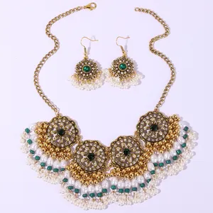 Bohemian vintage court style gold plated necklace and earrings set with green stone and pearls.