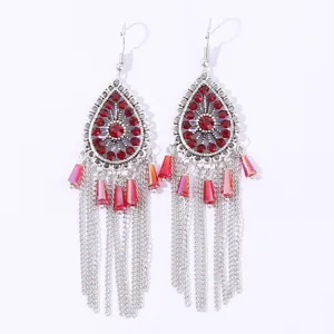 Bohemian ethnic style silver teardrop rhinestone dangle tassel earrings for women party jewelry