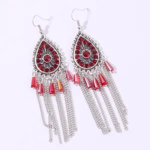 Bohemian ethnic style waterdrop rhinestone tassel earrings, silver tone crystal drop ear jewelry.