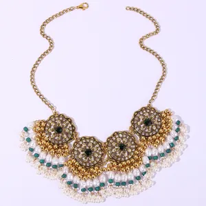 Bohemian palace style statement necklace with pearls, rhinestones and gold chains for women.