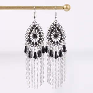 Vintage boho teardrop rhinestone tassel earrings, silver metal crystal chain dangle earrings.
