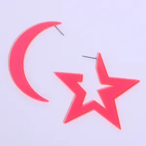 Neon pink acrylic star and moon earrings for summer party and vacation style women.