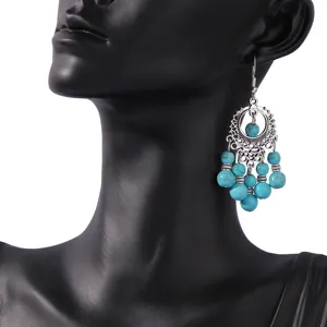 Retro bohemian turquoise tassel earrings, long vintage silver dangle drop jewelry for women.