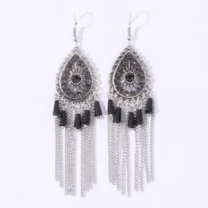 Bohemian teardrop rhinestone tassel earrings, silver vintage dangle earrings for women jewelry