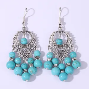 Vintage bohemian turquoise tassel dangle earrings, tibetan silver ethnic jewelry for women.