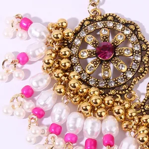 Bohemian palace style golden necklace pendant with pearls and rhinestones detailed view.