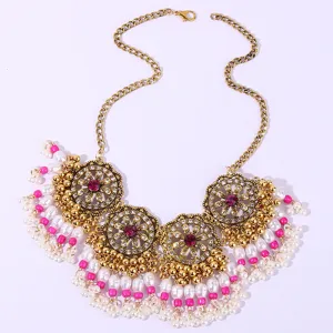 Bohemian Palace Style Rhinestone Pearl Pendant Statement Necklace Gold Tone Jewelry