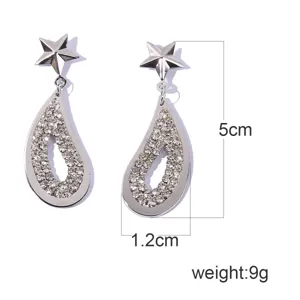 Detailed view of silver star and rhinestone teardrop earrings with dimension markers.