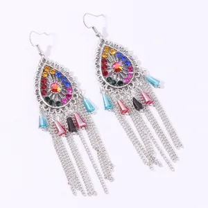 Bohemian ethnic style teardrop rhinestone tassel earrings vintage silver plated dangling jewelry