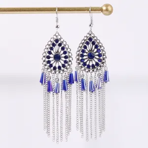 Bohemian Alloy Glass Rhinestone Waterdrop Tassel Earrings Ethnic Hollow Out Inlaid Dangle Earrings For Women Jewelry Gift