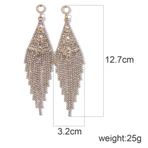 Long rhinestone crystal tassel earrings for women, glamorous sparkly evening party jewelry.