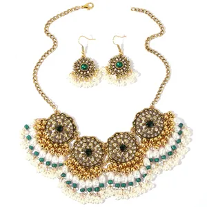 Bohemian vintage gold tone pearl necklace and earrings jewelry set with green stones for women.