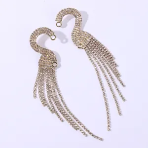 Stunning rhinestone swan long tassel earrings, sparkling crystal fashion ear cuffs for women.