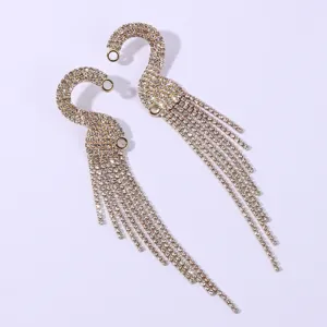 Elegant crystal swan long tassel ear cuffs for women, sparkling rhinestone fashion party jewelry.