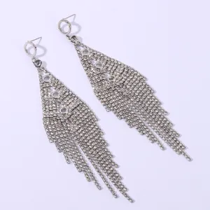 Long rhinestone fringe earrings for women, sparkling night club style dangle earrings.