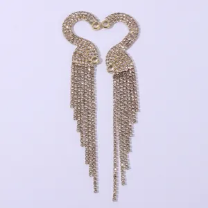 Long rhinestone swan fringe earrings, sparkling crystal tassel jewelry for women party