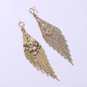 Elegant gold crystal fringe drop earrings for women, sparkling long tassel design party jewelry.
