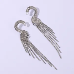 Elegant rhinestone swan tassel earrings for women, sparkling crystal long drop jewelry style.