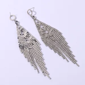 Stunning silver rhinestone long fringe earrings, sparkling crystal mesh dangle fashion jewelry.