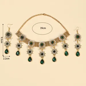 Baroque vintage green crystal rhinestone necklace earrings jewelry set for women 39cm