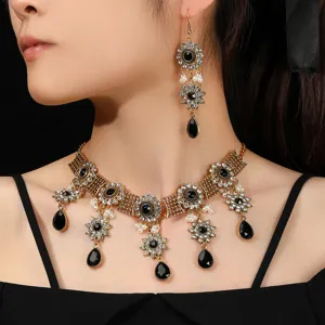 Vintage Baroque Alloy Rhinestone Jewelry Set For Women Artificial Pearl Tassel Necklace And Earrings Bridal Wedding Party Accessories