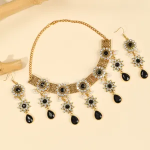 Exquisite baroque rhinestone necklace and earrings set with black teardrop crystal drops for women.