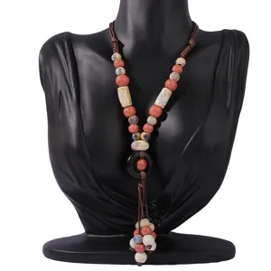 Boho long ceramic beaded sweater necklace with tassel retro ethnic style jewelry