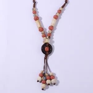 Bohemian vintage ceramic beaded tassel long sweater necklace for women daily wear