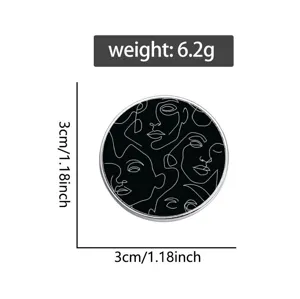 Spilla rotonda in metallo con viso astratto minimalista, misura 3cm, peso leggero 6.2g, accessorio chic.