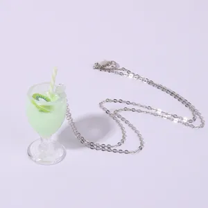 Summer cute resin juice cup pendant necklace, creative cocktail drink silver chain jewelry for women.
