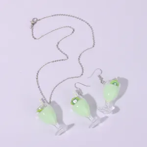 Summer kiwi juice cup necklace and earrings set, resin miniature pendant fashion jewelry.