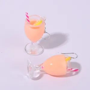 Summer lemon juice cup resin dangle earrings, cute pink cocktail drink drop earrings for women.
