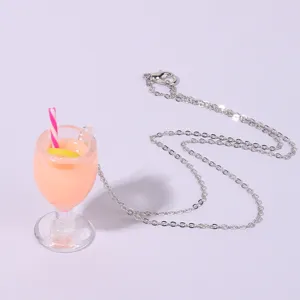 Summer lemon juice cup pendant necklace, cute 3D resin cocktail drink jewelry gift.