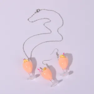 Summer lemon juice cup resin necklace earrings set, cute transparent beverage pendant.