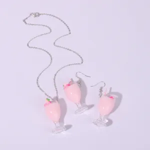 Summer sweet pink juice cup necklace and earrings set resin cute jewelry for daily wear