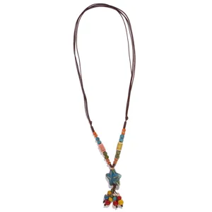 Ethnic style long ceramic necklace with star pendant and multi strands for women daily wear.