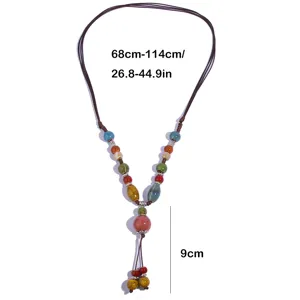 Retro ceramic long sweater chain bohemian beaded necklace adjustable rope pendant jewelry