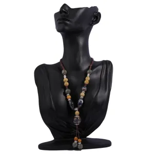 Vintage bohemian long beaded sweater necklace with ethnic style for linen clothing match accessory.