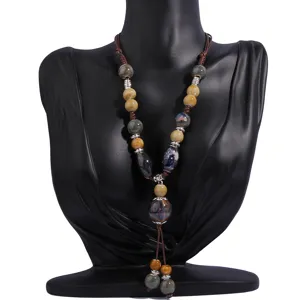 Vintage ceramic beaded long necklace ethnic sweater chain linen clothing accessory pendant