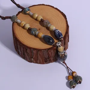 Retro ceramic beaded sweater chain detail, ethnic style long necklace for women apparel.