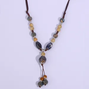 Retro ceramic long necklace sweater chain ethnic style vintage jewelry accessory detail view