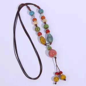 Vintage colorful ceramic bead long necklace with brown cord, ethnic style sweater chain.
