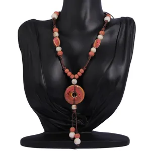 Vintage Chinese Ethnic Style Ceramic Long Sweater Chain Handmade Tassel Pendant Necklace For Women Retro Geometric Jewelry