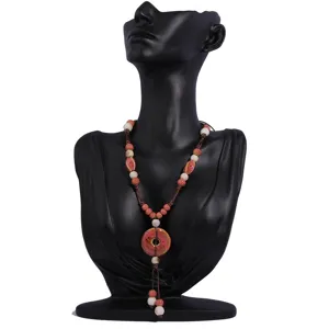 Handmade ceramic beaded long sweater chain necklace, retro ethnic style women jewelry accessory.